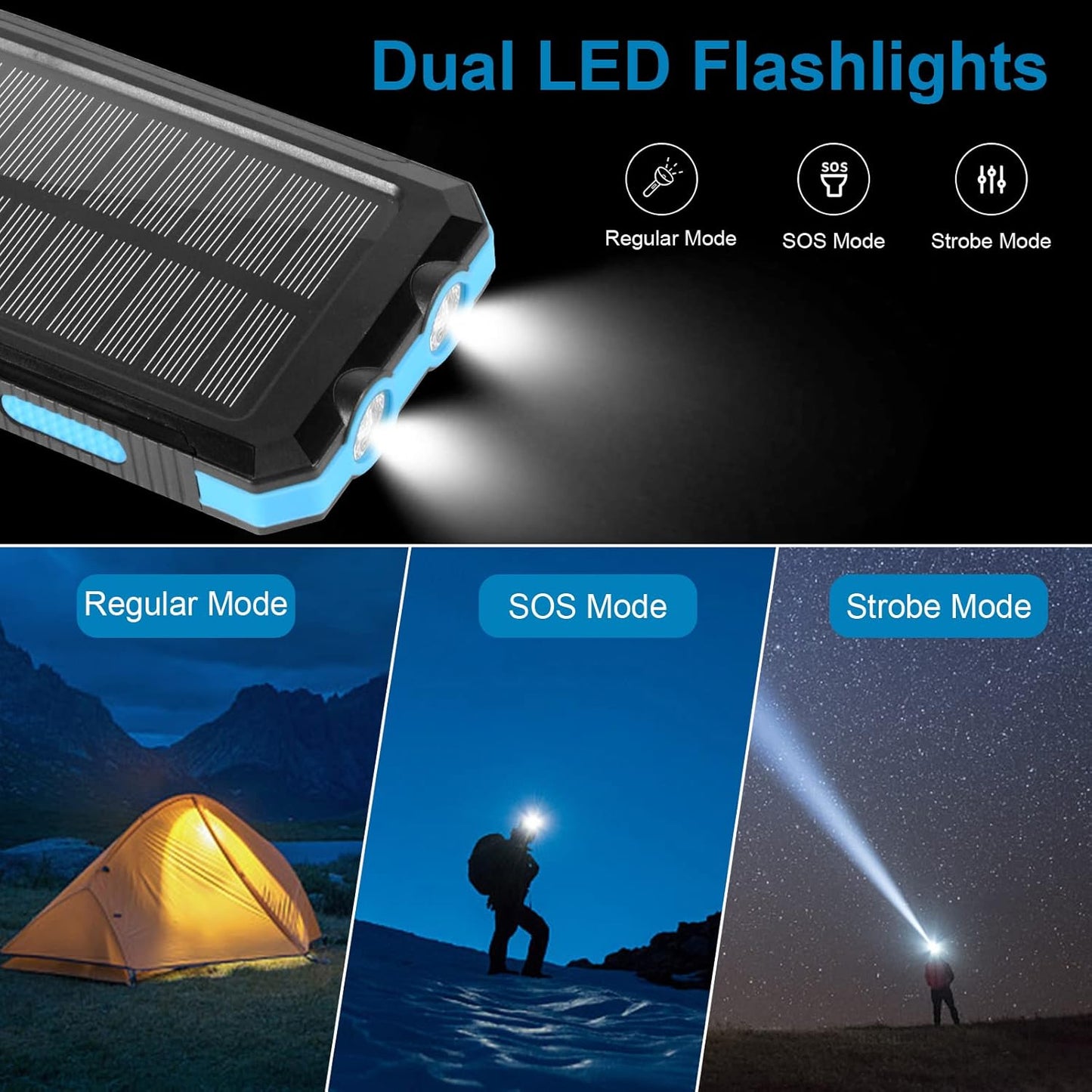 26600mAh Solar Power Bank – 65W Fast Charging Waterproof Portable Charger with Dual LED Flashlights & Compass for Outdoor Camping and Travel