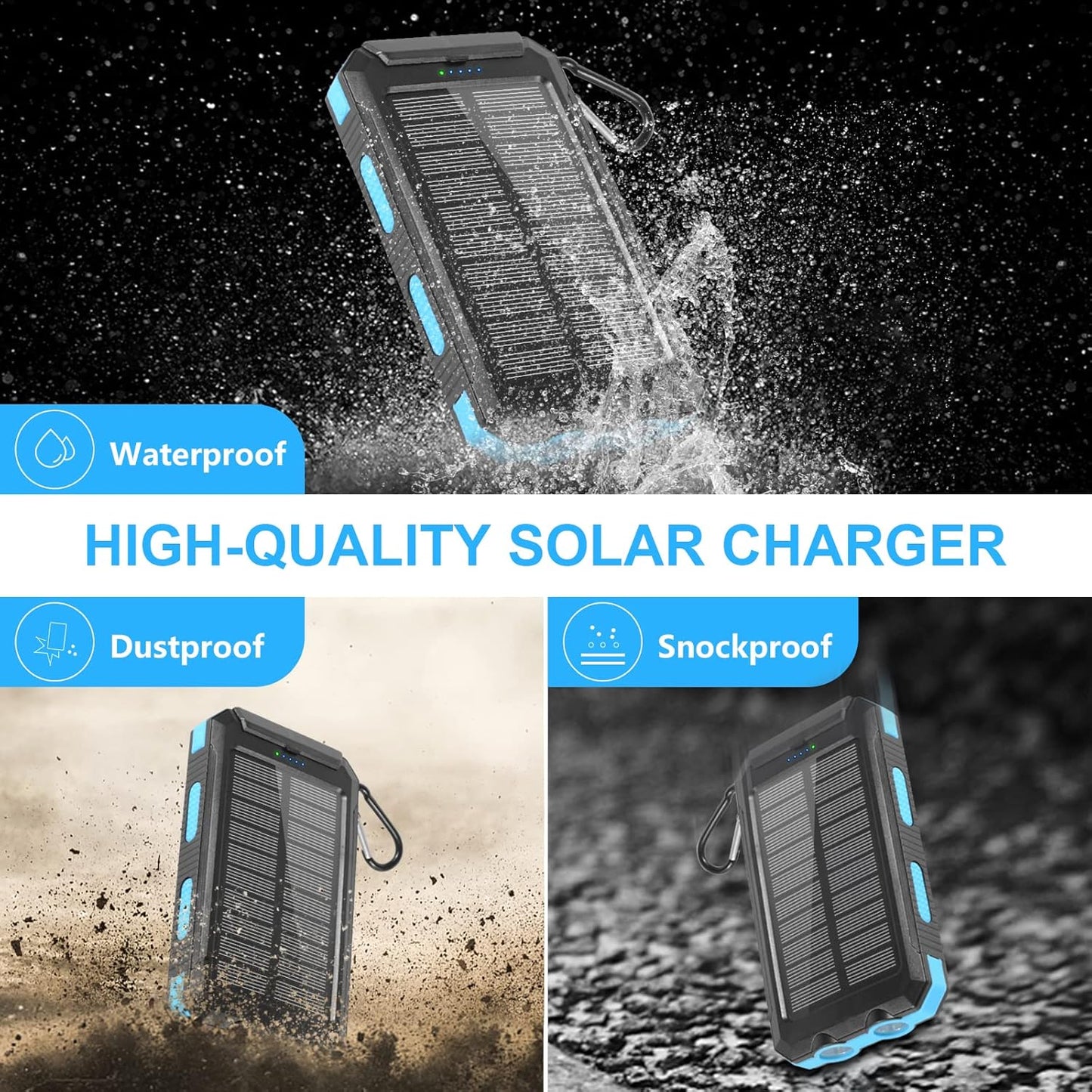 26600mAh Solar Power Bank – 65W Fast Charging Waterproof Portable Charger with Dual LED Flashlights & Compass for Outdoor Camping and Travel
