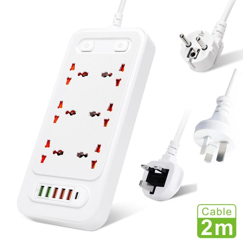 High quality Universal 6AC Outlet dual control switch, Smart USB socket with TYPE-C charger, 2-meter cable extension power strip