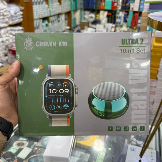 Crown K16 Ultra 2 Smart Watch 10-in-1 Gift Set with Mini Bluetooth Speaker – Compatible with Android & iOS