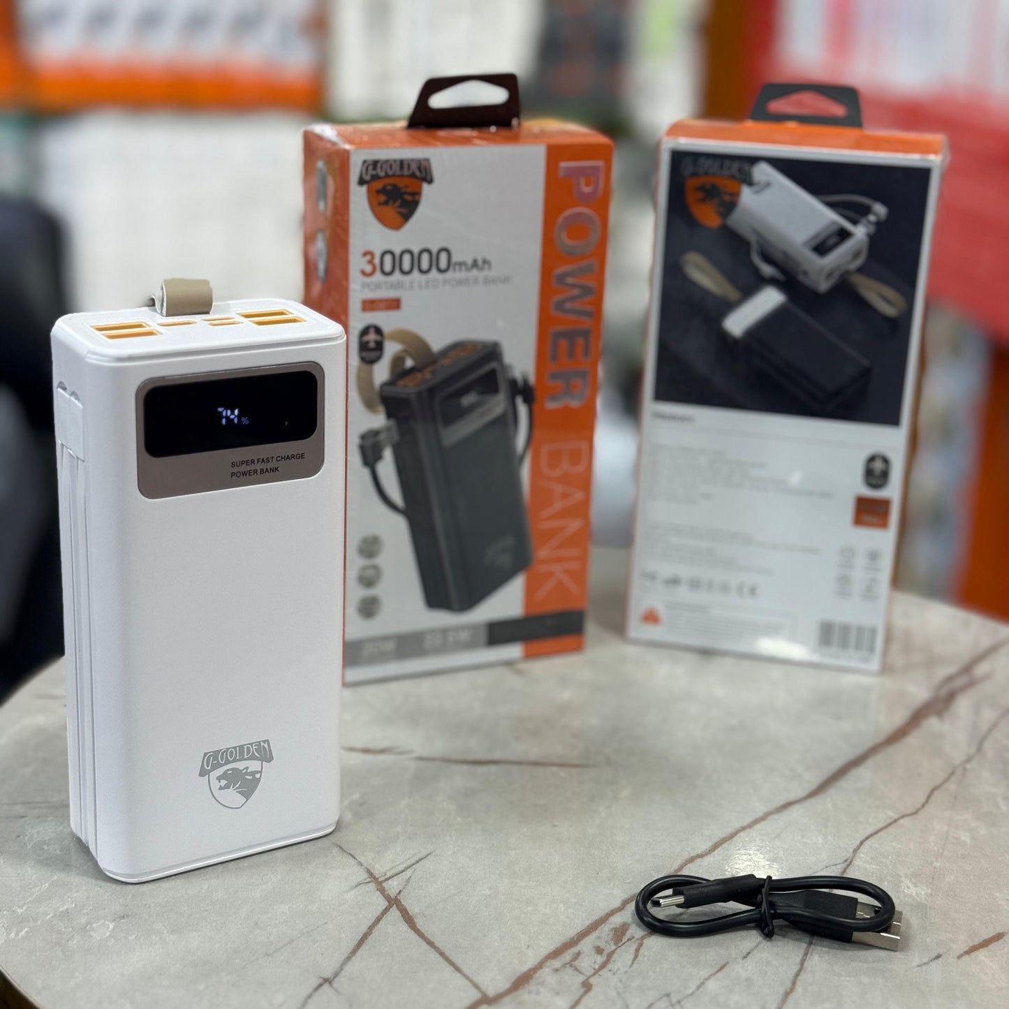 Elite 30,000mAh Waterproof Power Bank – 22.5W Ultra Fast Charge | Built-in Cables, Dual USB, Smart LCD & Tactical Flashlight