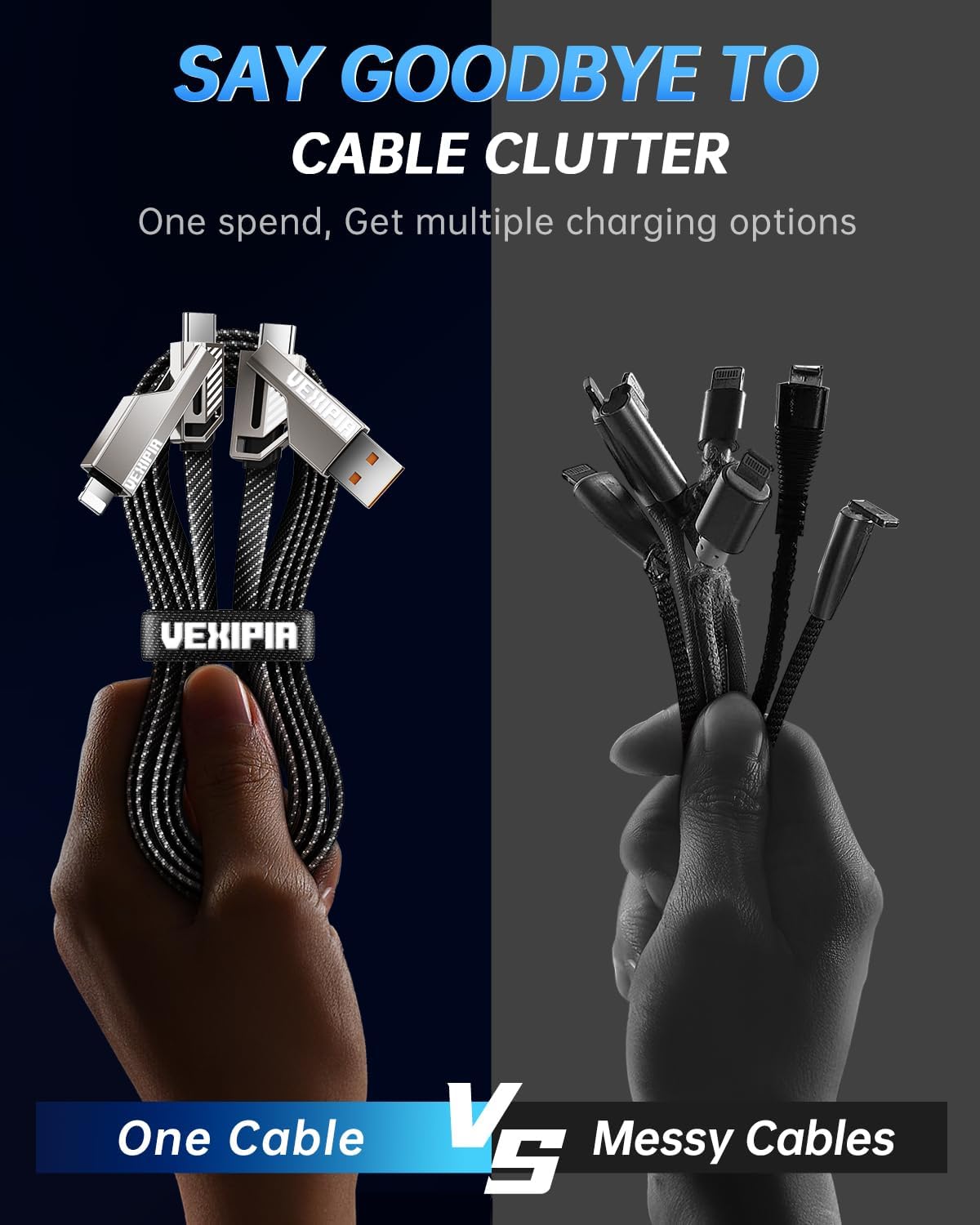 Amazon Lot Imported 4-in-1 65W 3FT USB-C Fast Charging Cable, Nylon Braided, Lightning/Type-C/USB-A Ports, 480Mbps Data Sync