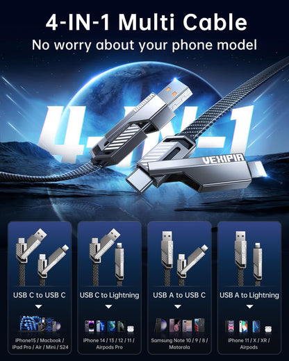 Amazon Lot Imported 4-in-1 65W 3FT USB-C Fast Charging Cable, Nylon Braided, Lightning/Type-C/USB-A Ports, 480Mbps Data Sync