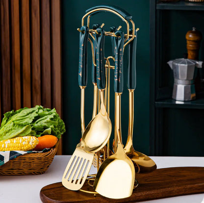 Stainless Steel Kitchen Utensil Set with Stand Skimmer Spatula Gold kitchenware