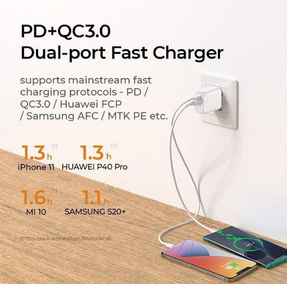 Original JOYROOM 20 Watt Smart Dual Port USB and C PD+QC3.0 Travel Charger