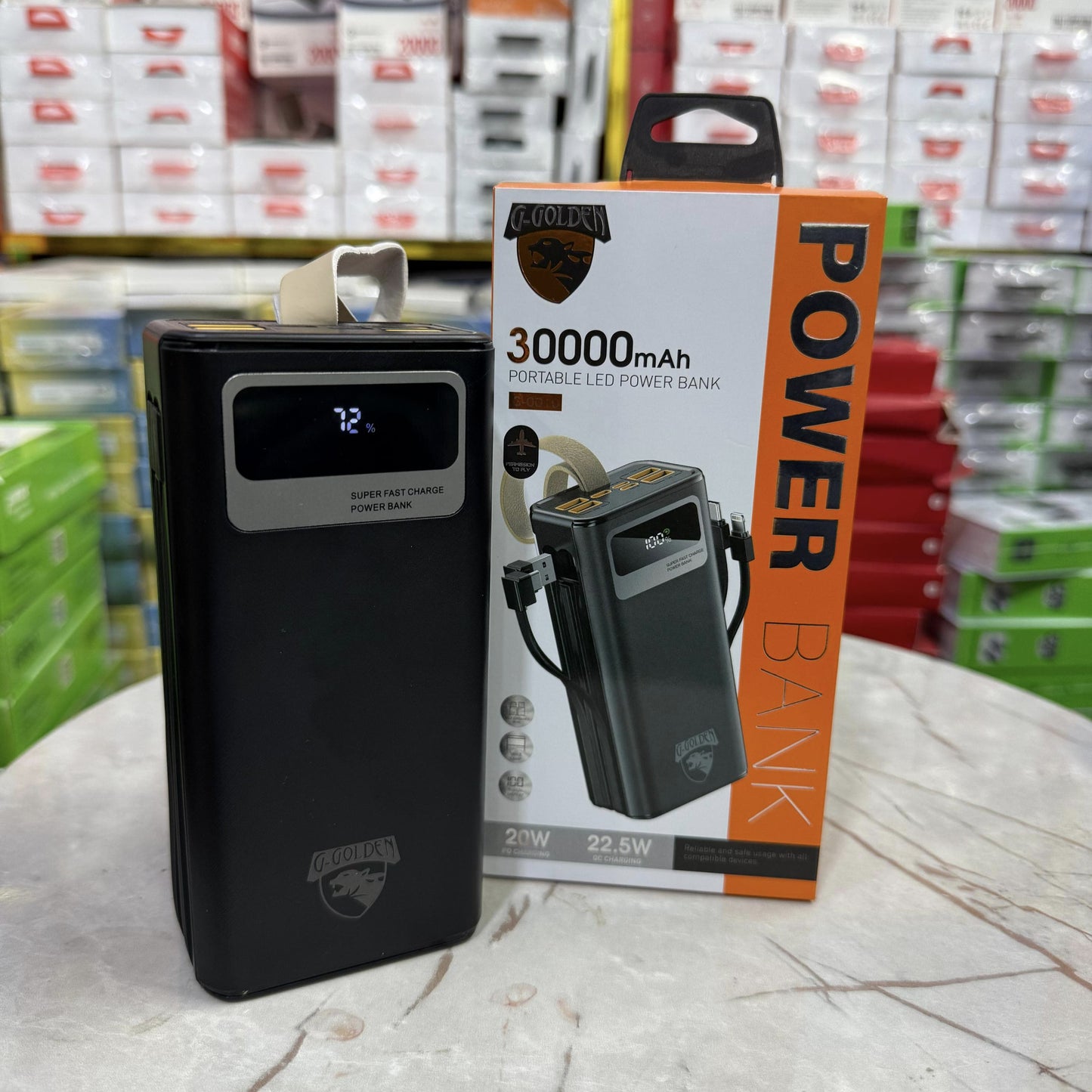 Elite 30,000mAh Waterproof Power Bank – 22.5W Ultra Fast Charge | Built-in Cables, Dual USB, Smart LCD & Tactical Flashlight