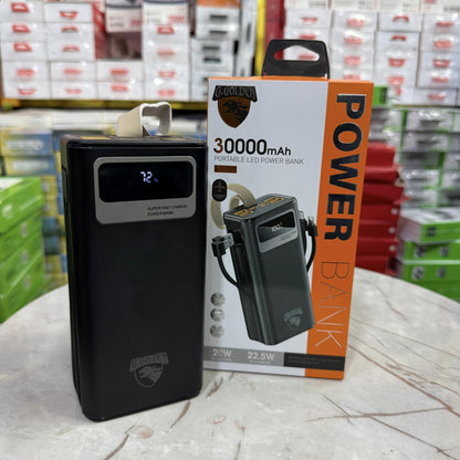 Elite 30,000mAh Waterproof Power Bank – 22.5W Ultra Fast Charge | Built-in Cables, Dual USB, Smart LCD & Tactical Flashlight