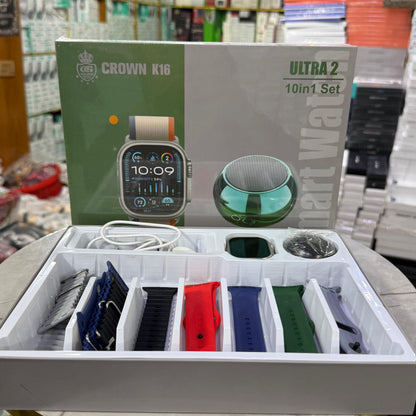 Crown K16 Ultra 2 Smart Watch 10-in-1 Gift Set with Mini Bluetooth Speaker – Compatible with Android & iOS