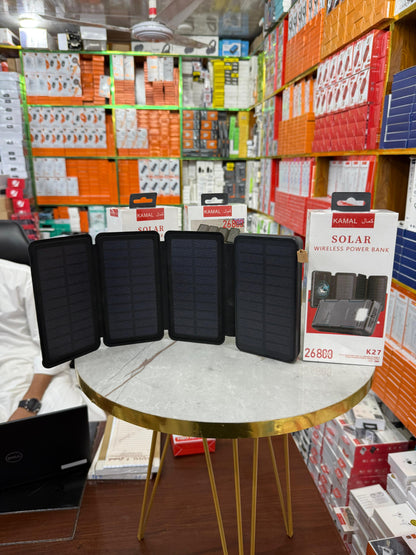 K27 Solar Wireless Power Bank – 26800mAh, Foldable Panel, LED Flashlight, Triple Output, Outdoor-Ready