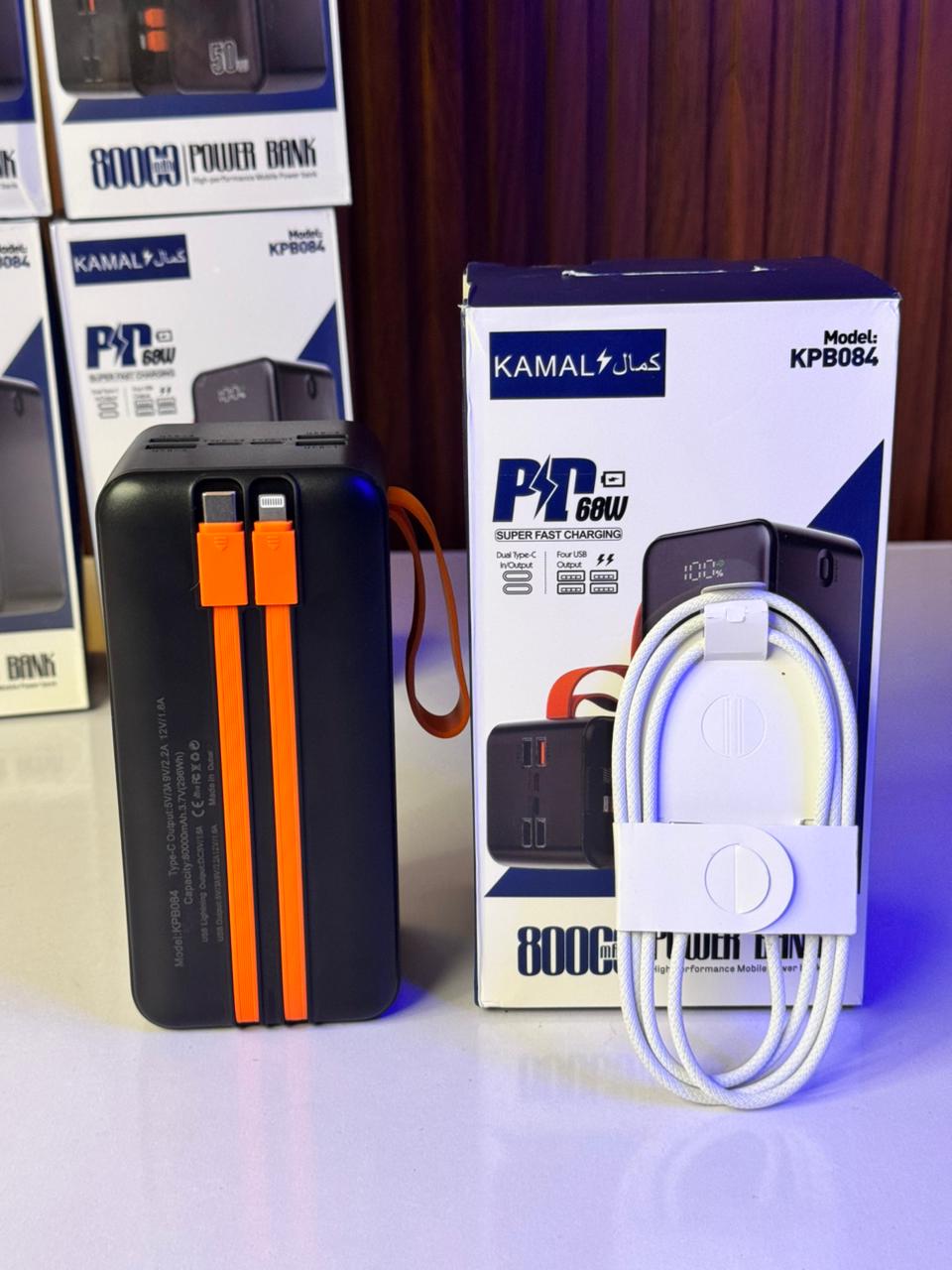 80000mAh Made in Dubai Power Bank – 68W PD Fast Charge | 7 Outputs | Smart Display + FREE C-C Anti-Cut Cable
