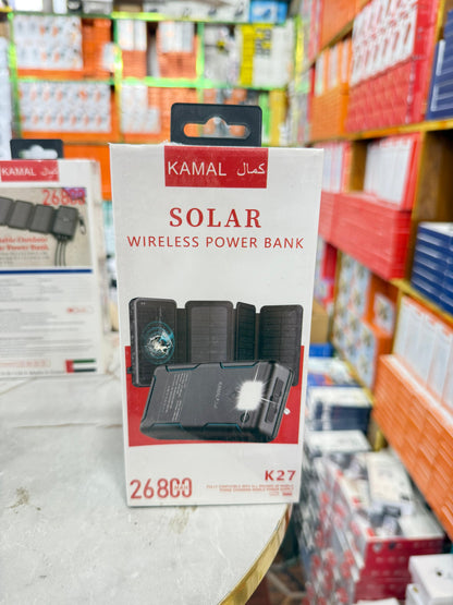 K27 Solar Wireless Power Bank – 26800mAh, Foldable Panel, LED Flashlight, Triple Output, Outdoor-Ready