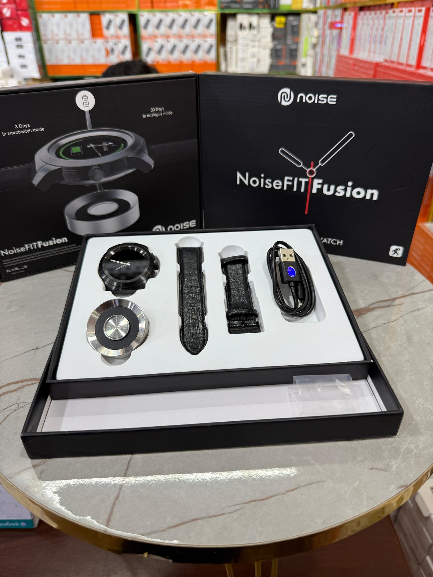 NoiseFIT Fusion Hybrid Smartwatch – Smart & Analog Dual Mode | Premium Leather Strap | Waterproof , Magnetic Charger – Black