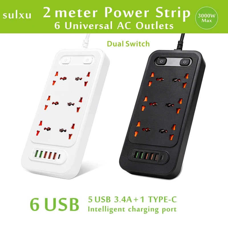 High quality Universal 6AC Outlet dual control switch, Smart USB socket with TYPE-C charger, 2-meter cable extension power strip