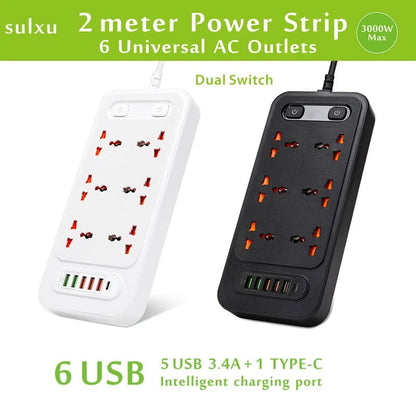 High quality Universal 6AC Outlet dual control switch, Smart USB socket with TYPE-C charger, 2-meter cable extension power strip
