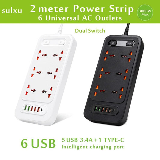 High quality Universal 6AC Outlet dual control switch, Smart USB socket with TYPE-C charger, 2-meter cable extension power strip
