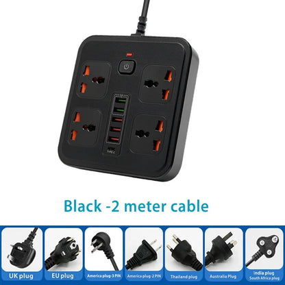 Universal power socket with overload protection 4 AC Outlets 2-meter cable Expansion power strip 6USB 5V3.4A Portable socket
