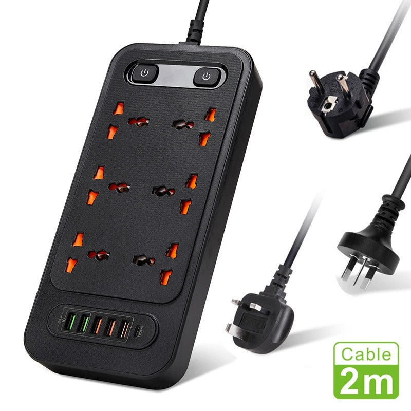 High quality Universal 6AC Outlet dual control switch, Smart USB socket with TYPE-C charger, 2-meter cable extension power strip