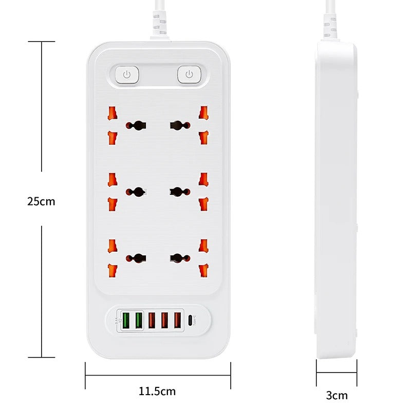High quality Universal 6AC Outlet dual control switch, Smart USB socket with TYPE-C charger, 2-meter cable extension power strip