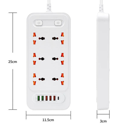High quality Universal 6AC Outlet dual control switch, Smart USB socket with TYPE-C charger, 2-meter cable extension power strip