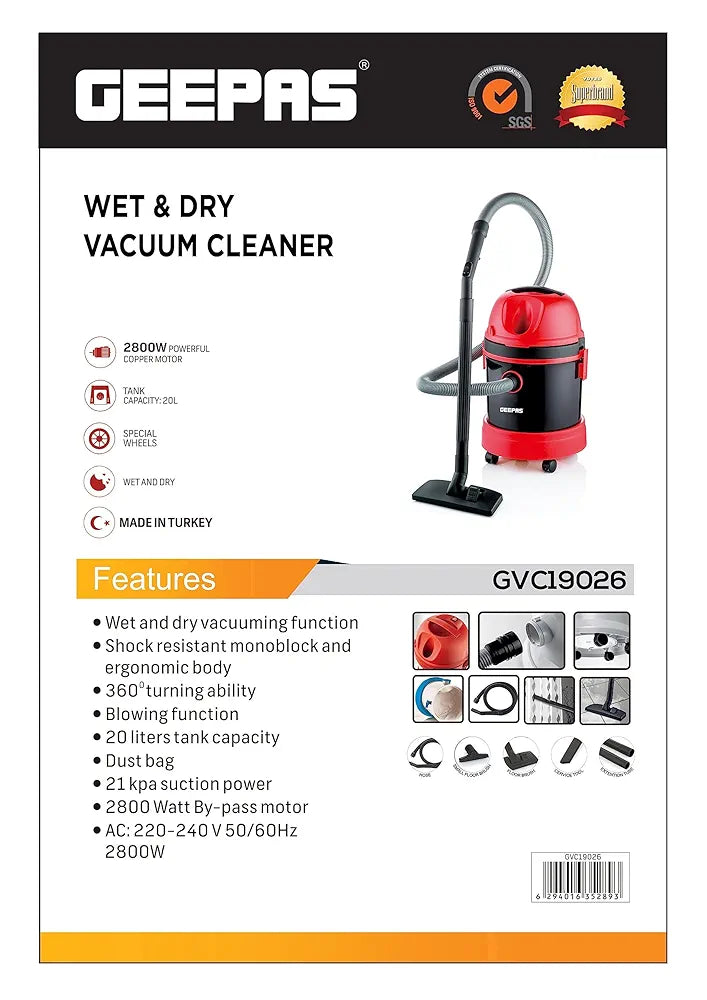 Geepas  Dry & Wet Vacuum Cleaner 20L Capacity 2800W GVC 19026