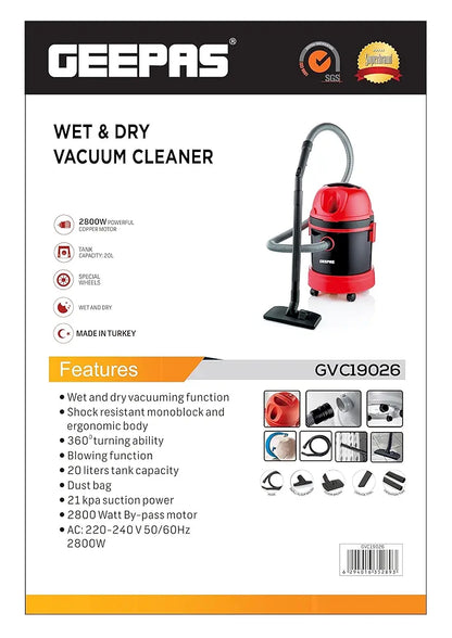 Geepas  Dry & Wet Vacuum Cleaner 20L Capacity 2800W GVC 19026
